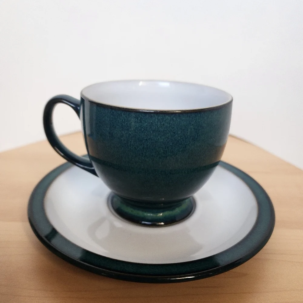 Vintage Denby England Greenwich Teal Stoneware Cup & Saucer Set